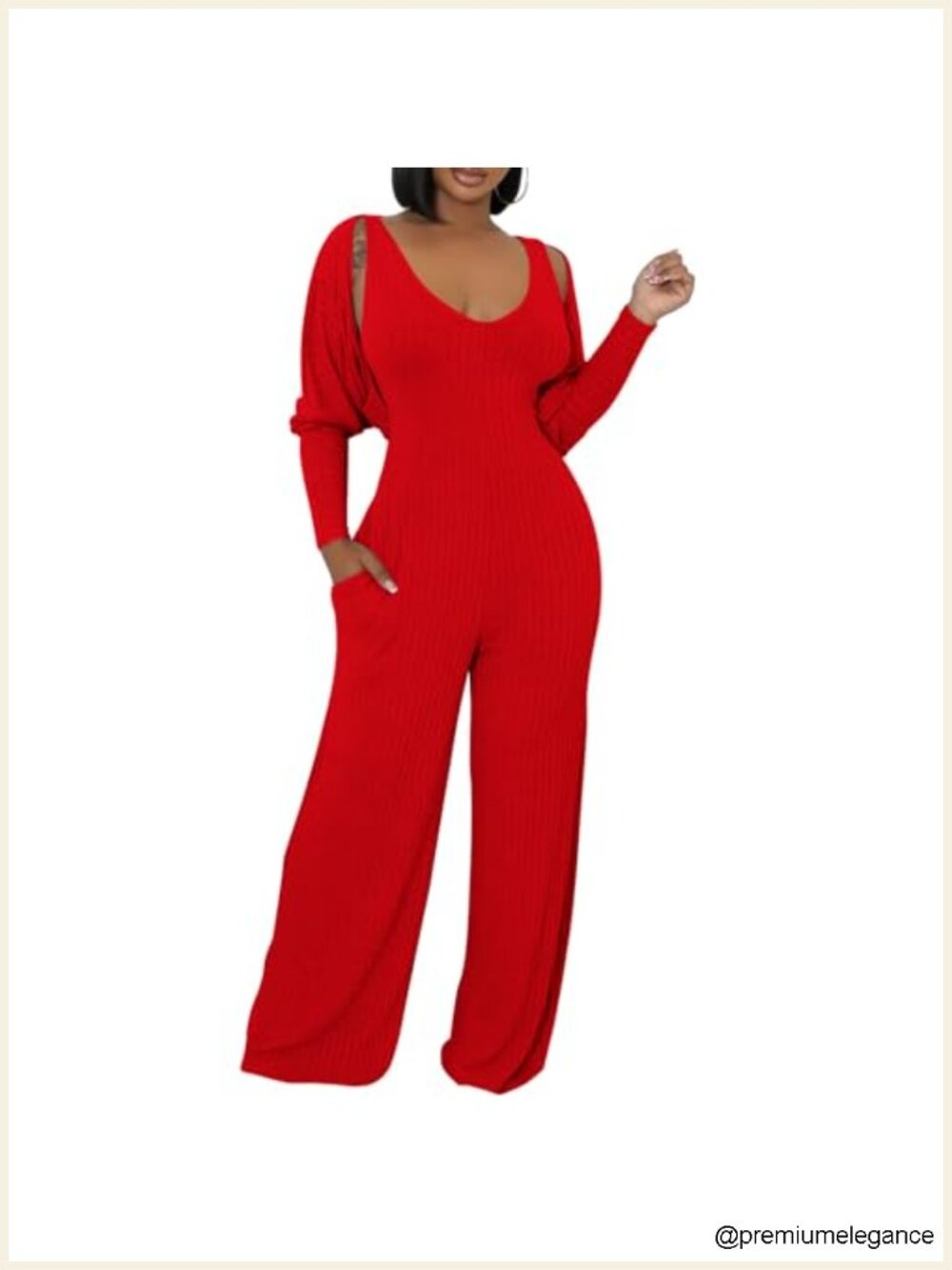 2 Piece Ribbed Knit Jumpsuit Set with Cardigan Wide Leg Pockets